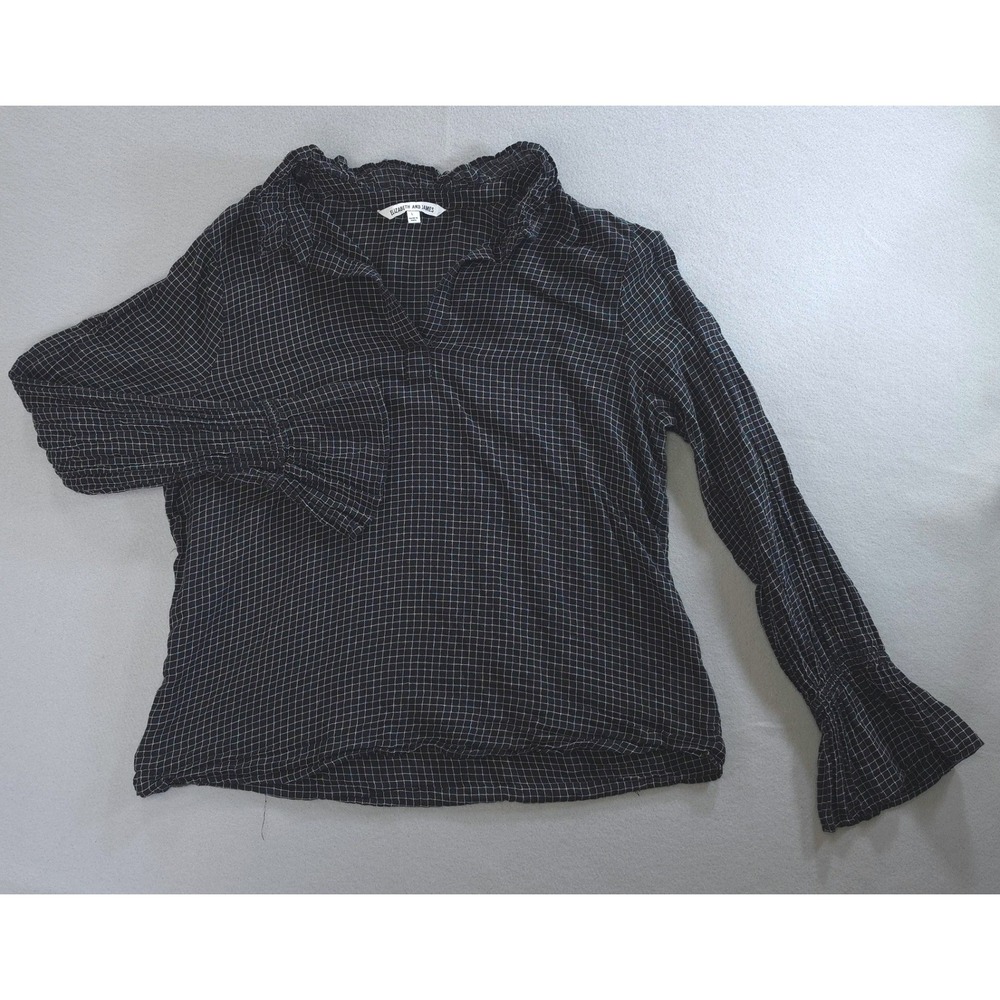 Elizabeth And James Dark Academia Ruffle Collar Blouse L Cotton Black Check Top